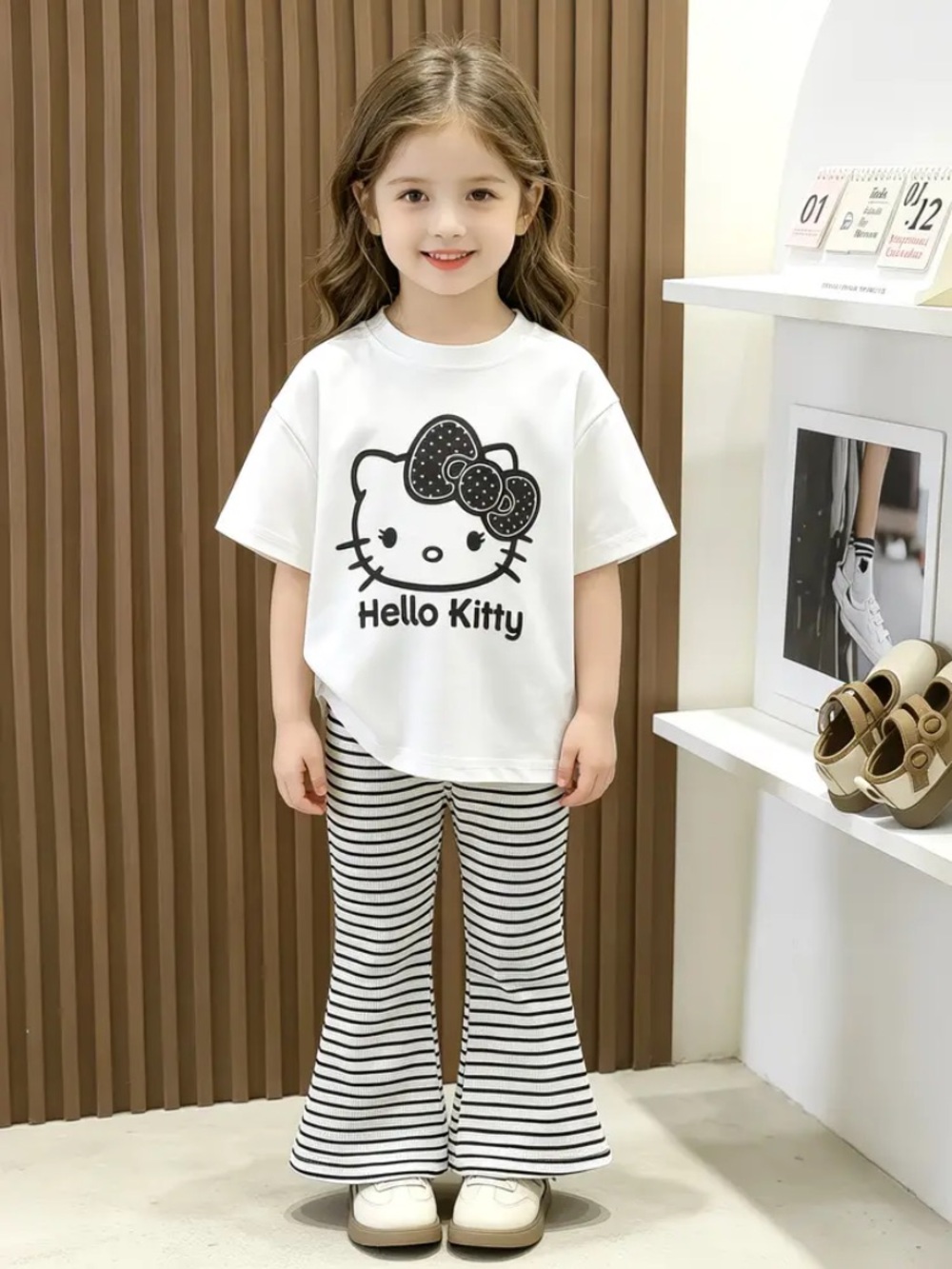 NWOT, Hello Kitty Kids Pajama Set - White Top & Black Striped Pants